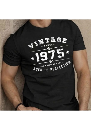 Guılan Erkek 1975 Baskılı %100 Pamuklu Büyük Boy Yuvarlak Yakalı Kısa Kollu Tişörtblack Black