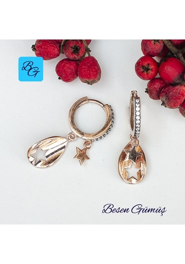 Oniks Taşlı İkili Yıldız Sallantılı Halka Küpe Gümüş