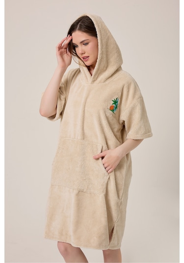 Palmiye Sörf Nakışlı Yetişkin Sörf Yazlık Panço Kapüşonlu Plaj Havlusu Bej Bej