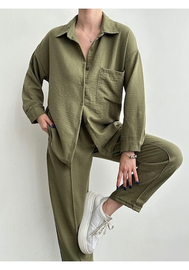 Kadın Oversize Keten Gömlek Pantolon Alt Üst Takım Haki