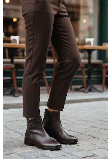 Kahve Hakiki Deri İçi Polarlı Kaymaz Kadın Bot 21893-1 Z Kahve