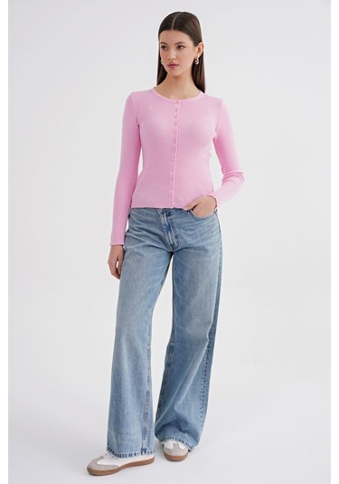 6931 Kadın Düğmeli Fitilli Triko Hırka Pembe Pembe