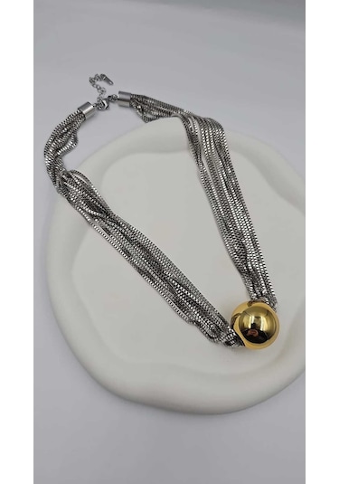 Çoklu Zincir Gümüş Altın Top Çelik Kolye Gümüş