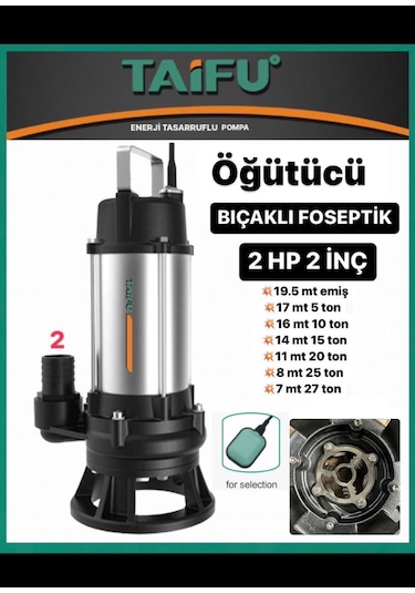Taifu 2 Hp 220v Çelik Öğütücülü Bıçaklı Pis Su Dalgıç Pompa