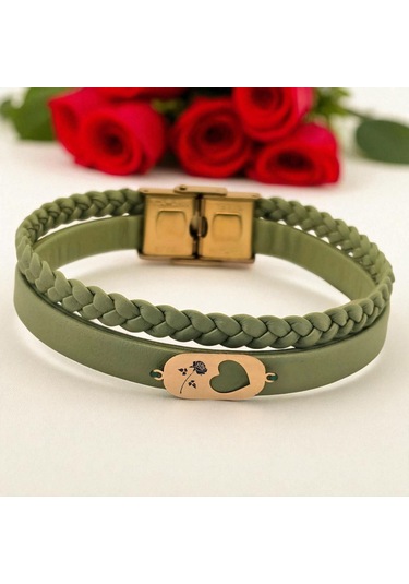 Archin Gül Temalı Kalp Motifli 14 Ayar Altın Plakalı Zeytin Yeşili Derili Hediye Bileklik-556sembol Çiçek