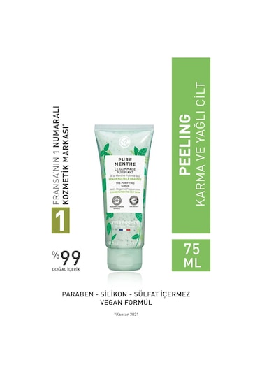 Yves Rocher Pure Menthe Karma ve Yağlı Ciltler İçin Prebiyotik Yüz Peeling 75 ML