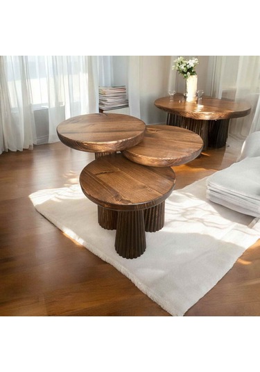 Masif Ahşap Mantar Sehpa Seti 3 Lü Ceviz Renk Doğal Zigon