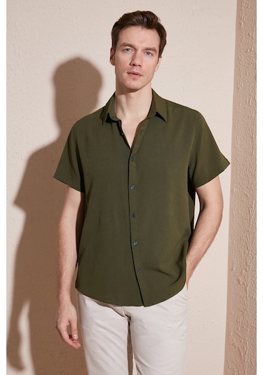 Buratti Pamuk Karışımlı Kısa Kollu Regular Fit Erkek Gömlek Cf23S113139 Haki