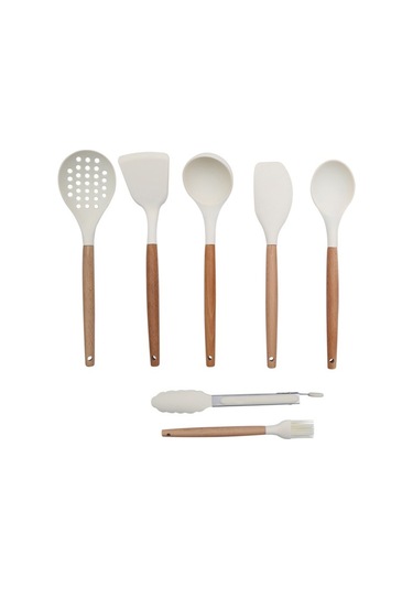 Morponi Bambu Saplı Silikon Servis- Mutfak Seti 7 Parça Kremrengi