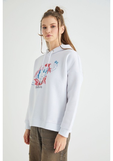 Hello Kitty Lisanslı Baskılı Kapüşonlu Oversize Sweatshirt Renkli