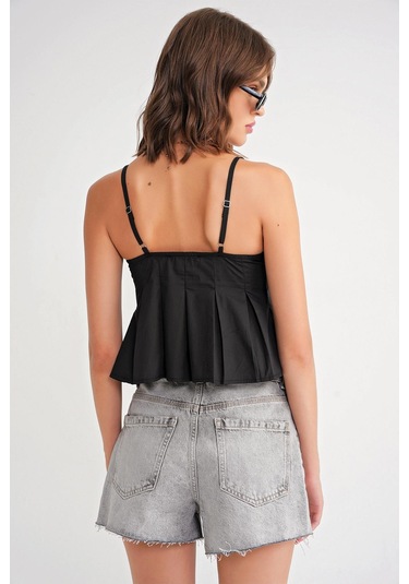 4737 Kadın Düğmeli Kuplu Pileli Bluz Siyah Siyah