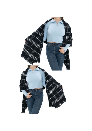 Yumuşak Dokulu Kışlık Desenli Atkı Omuz Şalı Açık Lacivert