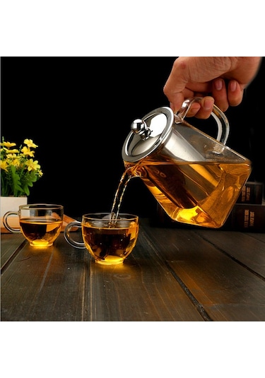 Borosilikat Cam Çelik Süzgeçli Ve Kapaklı Piramit  Demlik 750 ML Şeffaf