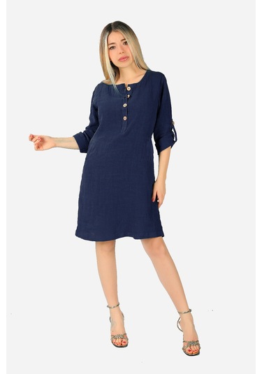 Keten Midi Elbise Lacivert