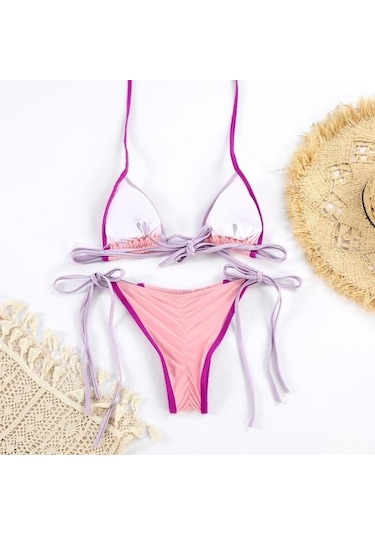 2 Adet/set Kadın Mayo Seti Halter Balenli Dolgusuz Sütyen Büzgülü Yüksek Bel Bikini Altı Seti Yama İşi Renkli Plaj Giyim Yeşil