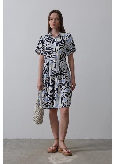 Baskılı Keten Elbise - Lacivert Çok Renkli