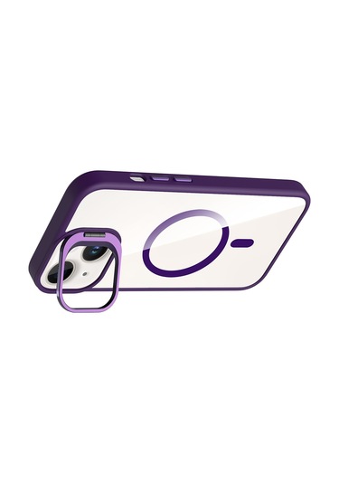 iPhone Uyumlu 14 Kılıf Standlı + Kamera Lens Koruma Setli M-safe Şarj Özellikli Mkst Etro Kapak Lacivert Lacivert