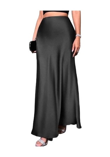 Kadın Balık Kuyruğu Etek Yüksek Bel Düz Renk Pürüzsüz Yüzey A Kesim Uzun Etek Siyah
