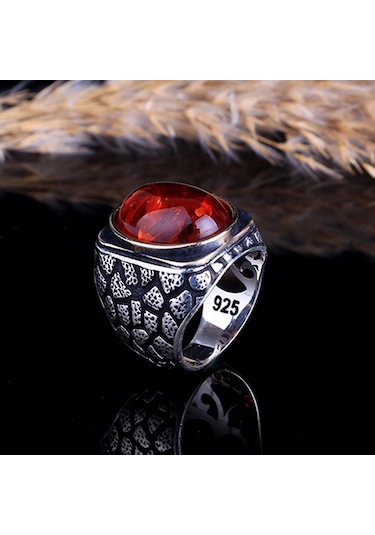 Kehribar Taşlı Petek Model 925 Ayar Gümüş Yüzük