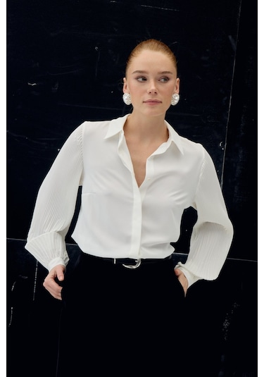 Sateen Plise Kollu Gömlek - Ekru-137087 ekru