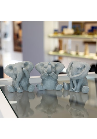 3 Lü Görmedim-duymadım-bilmiyorum Mermerit Fil Biblo - Gri