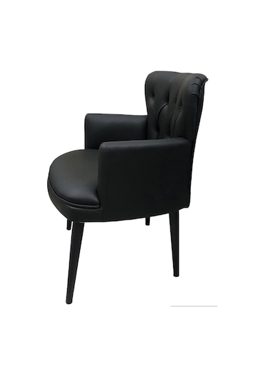 Garden House Tekli Siyah Deri Ahşap Ayaklı Ofis Koltuğu Kafe Koltuğu Sandalye Berjer Siyah