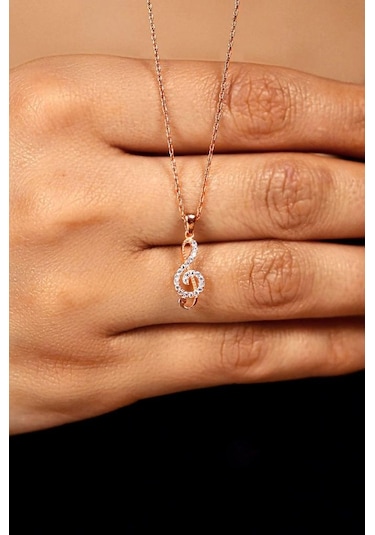 Roza Silver Zirkon Taşlı Rose Sol Anahtarı Minimal Gümüş Kolye