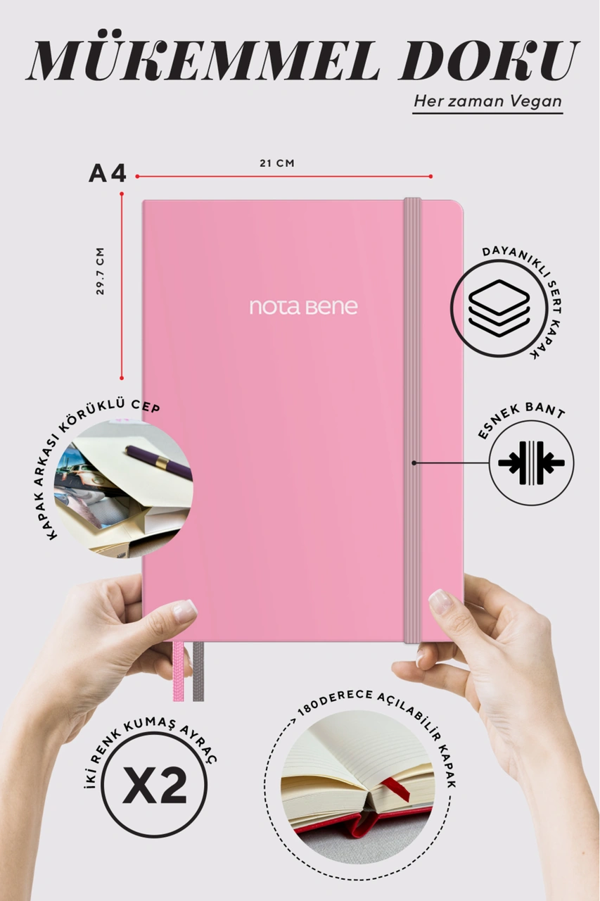 Nota Bene Premium Sert Kapak Defter, 21x29 Cm, Çizgili Pembe
