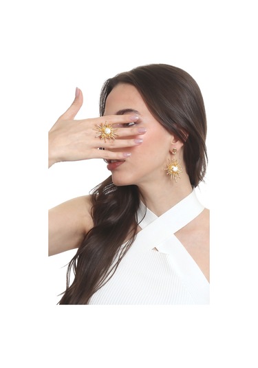 Labalaba Kadın Altın Renk Kaplama İnci Detaylı Büyük Güneş Yüzük& Küpe Seti Altın