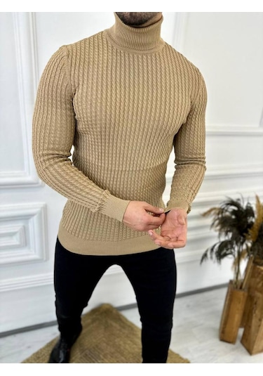 Kazak Slim Fit Tüylenmez Naturel Pamuk Triko Boğazlı Balıkçı Yaka Kazak Kahverengi