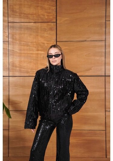 Cemo Full Pul Payetli Siyah Fermuarlı Bomber Ceket Siyah