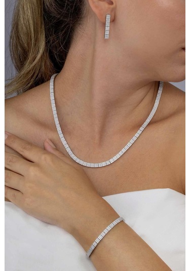 Gümüş Pazarım Beyaz Altın Kaplama 3 Sıra Su Yolu 925 Ayar Gümüş Düğün Seti Gümüş