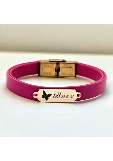 Archin Buse İsmine Özel 14 Ayar Altın Plakalı Doğal Pembe Derili Kelebek Figürlü Hediye Bileklik-651isim Buse