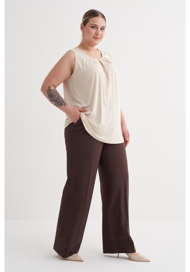 Pile Detaylı Örme Bluz-6237 Krem