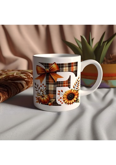 F Harfi Ekose Ve Sonbahar Temalı Kupa Bardak - Kişiye Özel Sıcak Tonlar Alfabe Kupa - Hediye Beyaz