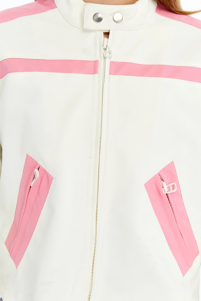 Kadın Şeritli Deri Ceket Günlük Kullanım Niş Özgün Tasarım Mont Fermuarlı Standart Bomber Ceket Beyaz
