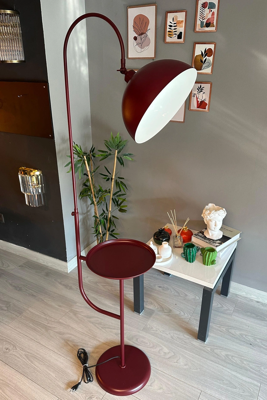 Vişne Çürüğü Lambader Hareketli Başlık Sehpalı Modern Dekoratif Metal Oturma Odası Çalışma Odası Bordo