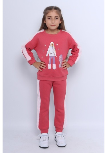 Kız Çocuk 3 İplik Eşofman Takımı Barbie Baskılı C22 Pembe