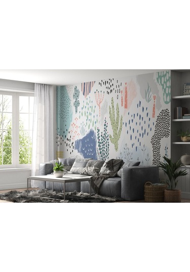 Yaprak Detaylı Soyut Minimalist Modern Duvar Kağıdı-5510 Çok Renkli