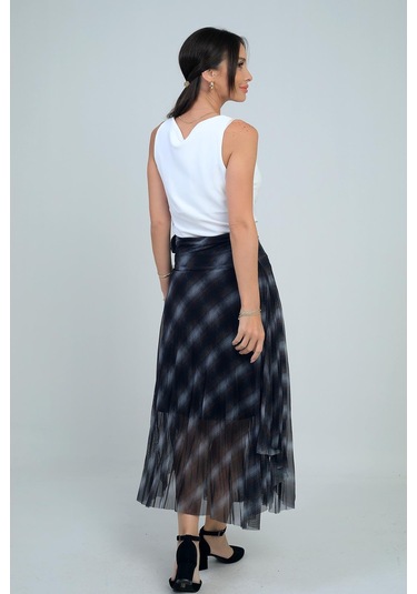 Kadın Yanları Kısa Astarlı Ekose Uzun Tül Etek-41721 Siyah