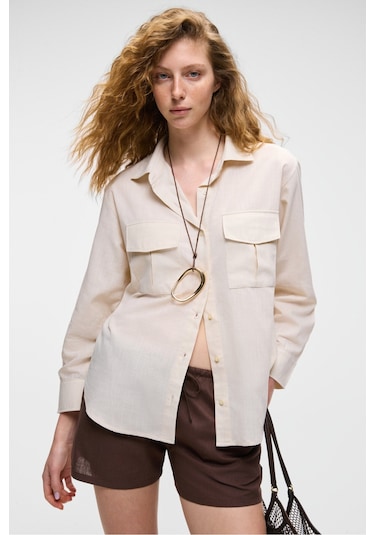 RIGO Kadın Gömlek Yaka Uzun Kol Regular Uzun İnce Krem Gömlek