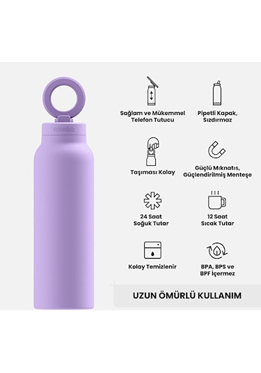 Ringo Pro Manyetik Telefon Tutuculu Termal Paslanmaz Çelik Su Şişesi Pipetli Kapak 24 Oz / 710 Ml Lila