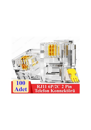 6P2C RJ11 2 Pinli Konnektör - RJ11 Jack - Telefon Kablo Uc 100 Ad
