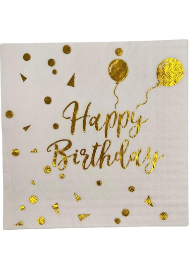 Peçete Varaklı Happy Birthday Yazı Beyaz Üstü Gold