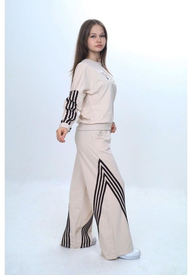 Kız Çocuk %100 Pamuk Şeritli Oversize 2 İplik Alt&üst Eşofman Takımı-305-eşt-0009 Bej