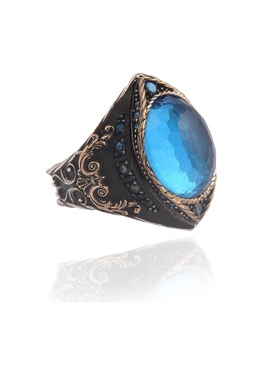 Vog Gravür Taşlı Oval Aquamarin 925 Ayar Erkek Gümüş Yüzük