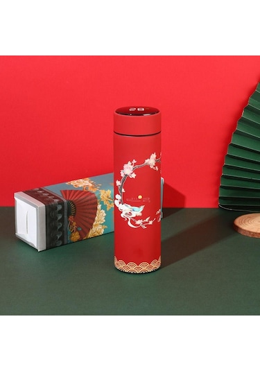 Kırmızı Kapaklı Çift Katmanlı Ekran Çin Tarzı Kahve Tumbler Su Şişesi Termos Termos Bardak