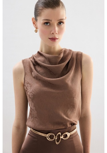 Sateen Degaje Yaka Bluz - Vizon-136756 VİZON