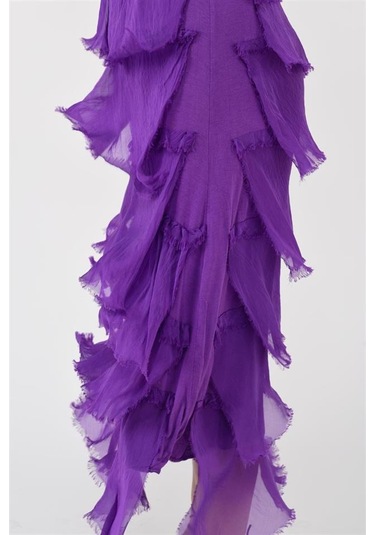 Italyan 2 Beden İnce Gösteren Kat Kat Kolsuz Ipek Elbise Kmor