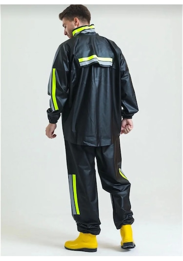 Premium Motorcu Kurye Yağmurluk Takım Su Geçirmez Pvc Kumaş Reflektörlü Tübitak Onaylı - Siyah Siyah